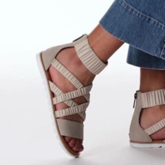 Sorel Ella II Ankle Strap Sandals Leather Flats Soft Taupe Size 8.5 NEW - Picture 1 of 8